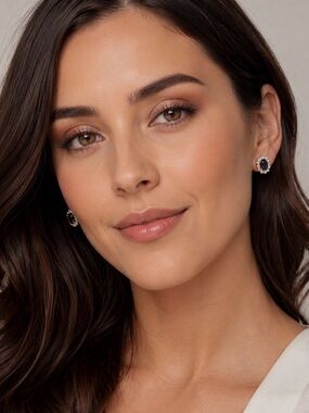 Genuine Sapphire Classic Navy and Gold Halo Stud Earrings - Women Jewelry